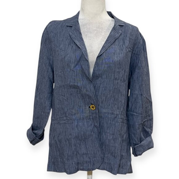 Ellen Tracy Women’s Linen Blazer Jacket Blue Pinstripe One Button Lightweight - Picture 2 of 12